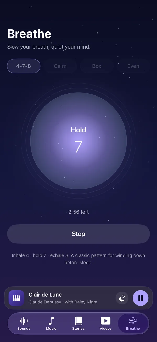 Sleep Deeper 4-7-8 breathing exercise with animated circle