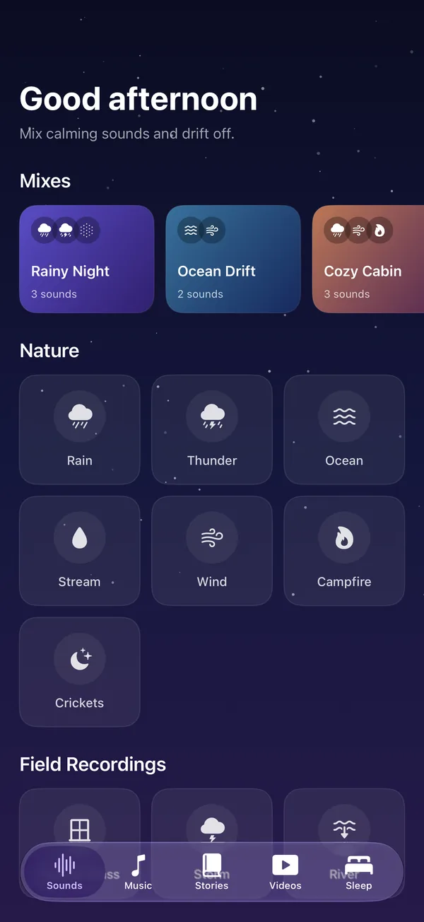 Sleep Deeper sound mixer with nature sounds and noise colors